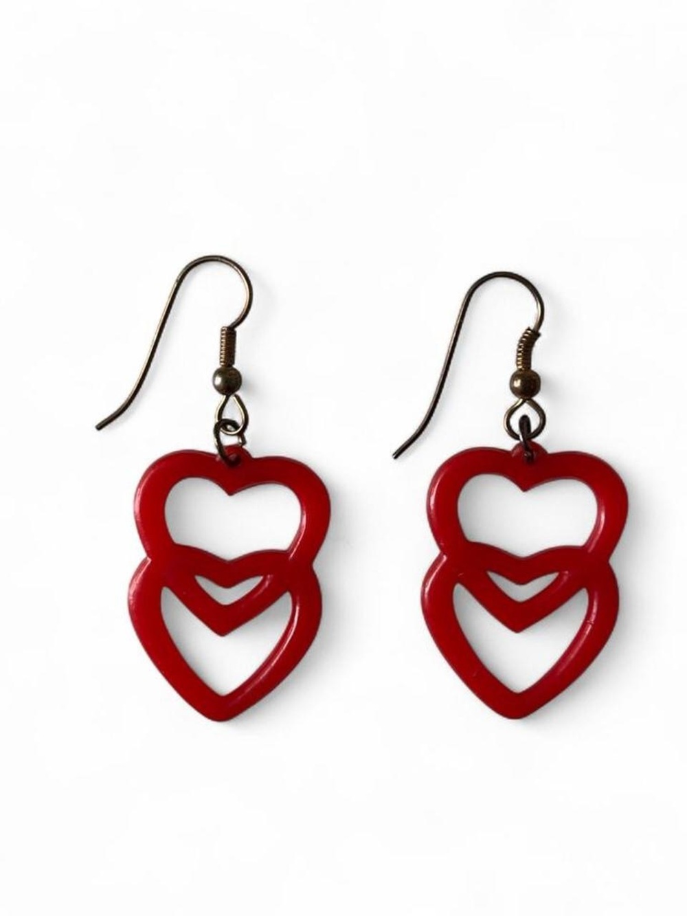 Vintage 80s Plastic Red Double Heart Dangle Earrings - Women Jewelry